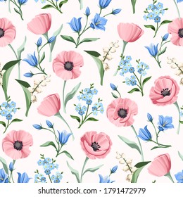 Vector seamless pattern with pink, white and blue poppies, bluebells, forget-me-not and lily-of-the-valley flowers on a white background.