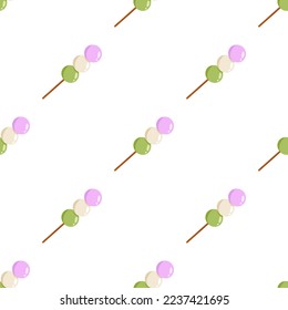 Vector seamless pattern with pink, white and green dango. White background with japanese traditional dessert with 3 different colors. Hanami Dango. Asian food.
