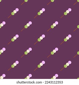 Vector seamless pattern with pink, white and green dango. Dark background with japanese traditional dessert with 3 different colors. Asian food. Hanami Dango.