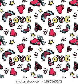 Vector seamless pattern with pink, yellow and blue hearts, letters, stars and dots in doodle style on white background. Colorful design for fabrics, paper and other Valentines Day decoration