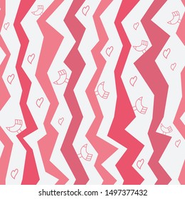 Vector seamless pattern with pink zigzag print, birds and hearts. Modern background for wallpaper, fabric, prints, cards, packaging. Paper cut effect. White isolated background.