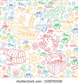 Vector seamless pattern with pirate elements for birthday party for little children. Kids pattern with octopus, beach, treasure chest, ship