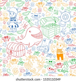 Vector seamless pattern with pirate elements for birthday party for little children. Kids pattern with octopus, beach, treasure chest, ship