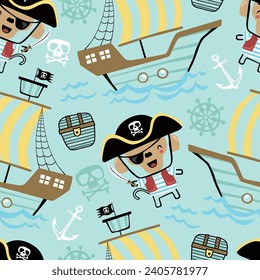 Vector seamless pattern of pirate elements and sailboat with monkey pirate