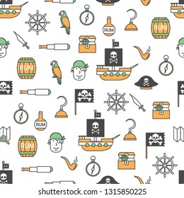 Vector seamless pattern with pirate hat ship treasure chest flag rum barrel spyglass, skull and bones, map parrot, steering wheel, hook etc. Thin line art flat style design pirate background wallpaper