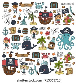Vector seamless pattern Pirate party for children Kindergarten Kids children drawing style illustration Picutre with pirate, whale, treasure island, treasure map, skulls, flag, ship Birthday party