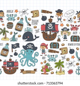 Vector seamless pattern Pirate party for children Kindergarten Kids children drawing style illustration Picutre with pirate, whale, treasure island, treasure map, skulls, flag, ship Birthday party