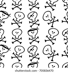 Vector seamless pattern with pirate skulls. Black-and-white background. Textile rapport.