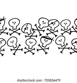 Vector seamless pattern with pirate skulls. Black-and-white background. Textile rapport.