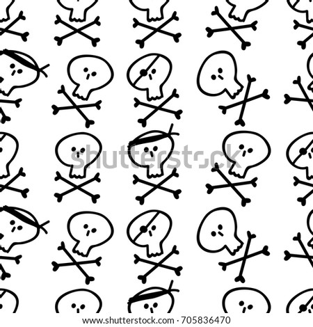 Vector seamless pattern with pirate skulls. Black-and-white background. Textile rapport.