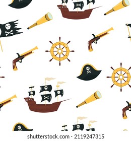 Vector seamless pattern with a pirates symbol ship with Jolly Rodger, weapon, hat, spyglass. Colorful illustration in a cartoon style.