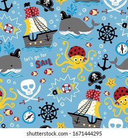 vector seamless pattern of pirates theme cartoon. Whale, sailboat, octopus, sailing equipment, marine life.