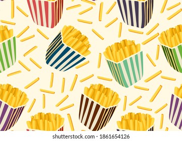 Vector seamless pattern with pitched fries. beautiful boxes with fast food. Bad food for the cinema. Appetizing background