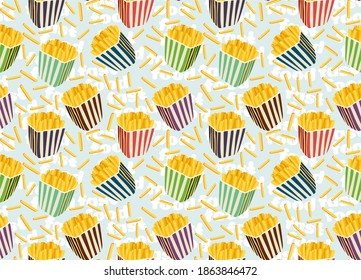 Vector seamless pattern with pitched fries. beautiful boxes with fast food. Bad food for the cinema. Appetizing background