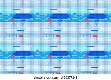 Vector seamless pattern pixel art masaic panel paper boat boat with a flag on the mast floats on the waves of the waves, baby wallpaper, wrapping paper, mosaic.	