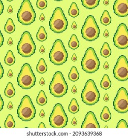 Vector seamless pattern with pixel avocado half illustrations on a light green background. exotic fruit texture, healthy food. Retro game style