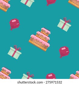 Vector seamless pattern with pixel cakes and balloons