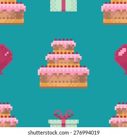 Vector seamless pattern with pixel cakes and balloons