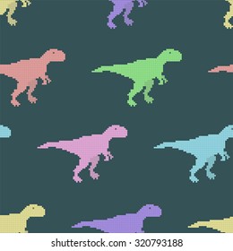 Vector seamless pattern with pixel dinosaurs