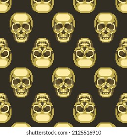 Vector seamless pattern with pixel isolated golden skulls on a dark background. 8 bit art texture. Retro game start.  Precious metal cranium