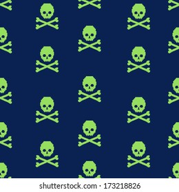 vector seamless pattern with pixel skulls and bones on blue background