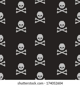 vector seamless pattern with pixel skulls and bones on black background