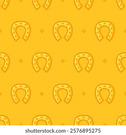 Vector seamless pattern of pixelated horseshoe symbols on a yellow background symbolizing luck and good fortune. Perfect for use in St. Patrick's Day decorations, websites or wallpapers