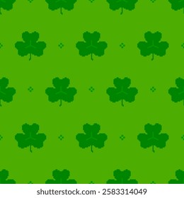 Vector seamless pattern of pixelated shamrock leaves on a green background symbolizing luck and nature. Perfect for use in St. Patrick's Day decorations, greeting cards or wrapping paper