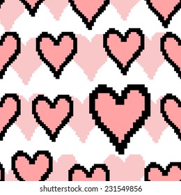 vector seamless pattern with  pixels pink hearts