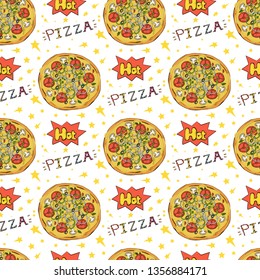 Vector seamless pattern with Pizza elements on a white