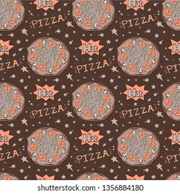 Vector seamless pattern with Pizza elements on a dark background.