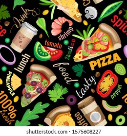Vector seamless pattern. Pizza and ingredients with inscriptions on a black background