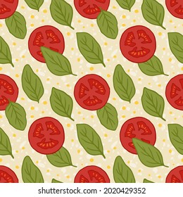 Vector seamless pattern with pizza  ingredients, mozzarella cheese, tomatoes, basil and drops of olive oil. Margherita Pizza texture background.