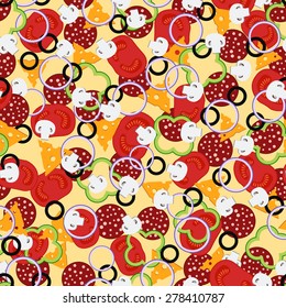 Vector seamless pattern with pizza ingredients - sausage, tomatoes, mushrooms, olives, onions, peppers, cheese, greens on a yellow background