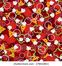 Vector seamless pattern with pizza ingredients - sausage, tomatoes, mushrooms, olives, onions, peppers, cheese, greens on a red background