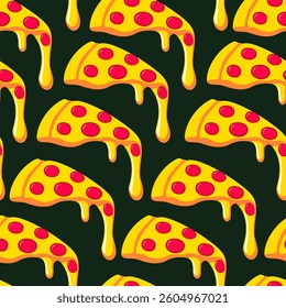 Vector seamless pattern with pizza on dark background.