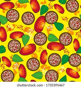 Vector seamless pattern of pizza with salami sausage, tomatoes and basil on a yellow background. Big and small.