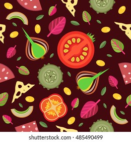 Vector seamless pattern for pizza toppings. Brown background