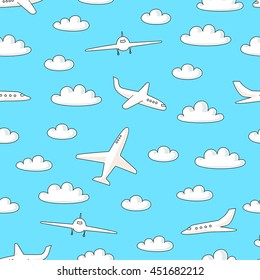 Vector seamless pattern with planes and clouds on blue background