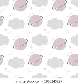 vector seamless pattern with planet Saturn, clouds and stars on a white background. Childish pattern eps10 for wrapping paper, fabric, textile