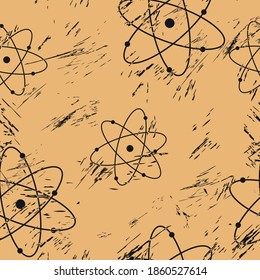 Vector seamless pattern with planetary model atom. Print in old retro style. Generic atomic planetary model repeat grunge design on craft paper. Vintage continuity texture. Representation of atom icon
