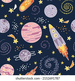 Vector seamless pattern with planets, asteroids, stars, galaxies and rockets. Perfect for wallpaper, textile design and gift paper