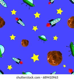 Vector seamless pattern with planets, ships and stars - background in vintage flat style