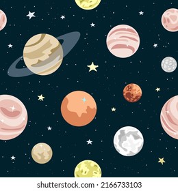 Vector seamless pattern. Planets in Solar System and stars isolated on dark background. 
