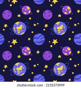 Vector seamless pattern with planets and stars. Space background in blue, yellow and perple colors.