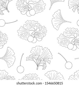 Vector seamless pattern with a plant Ginkgo biloba on a white background