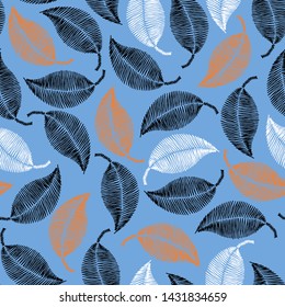 Vector seamless pattern with plant leaves in sketch style. Separate elements on a blue background.