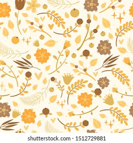 Vector seamless pattern with plants, berries, flowers. doodle elements. Pastel background. Golden folk ornament