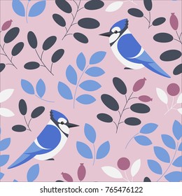 Vector seamless pattern with plants and blue jay birds.