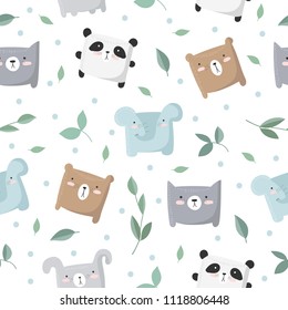 Vector seamless pattern with plants, branches, leaves and cute animals. Perfect for wallpaper, gift paper, pattern fills, web page background, greeting cards, package, postcards, baby book

